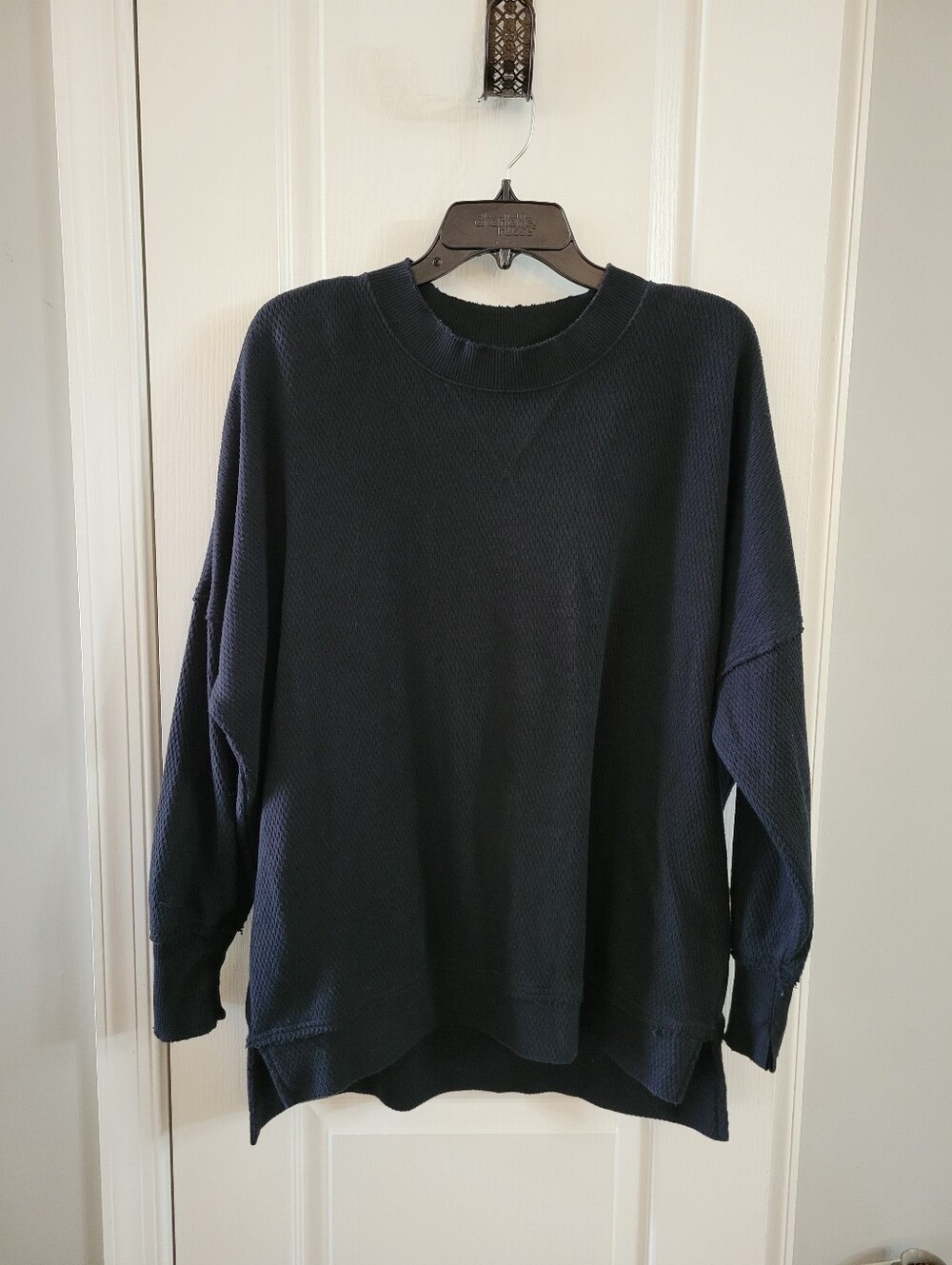 Aerie The Happiest Textured Oversized Crewneck Waffle Sweatshirt Black Medium